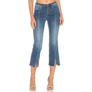 Free People Cropped Button Fly Front Slit Frayed Hem Denim Jeans